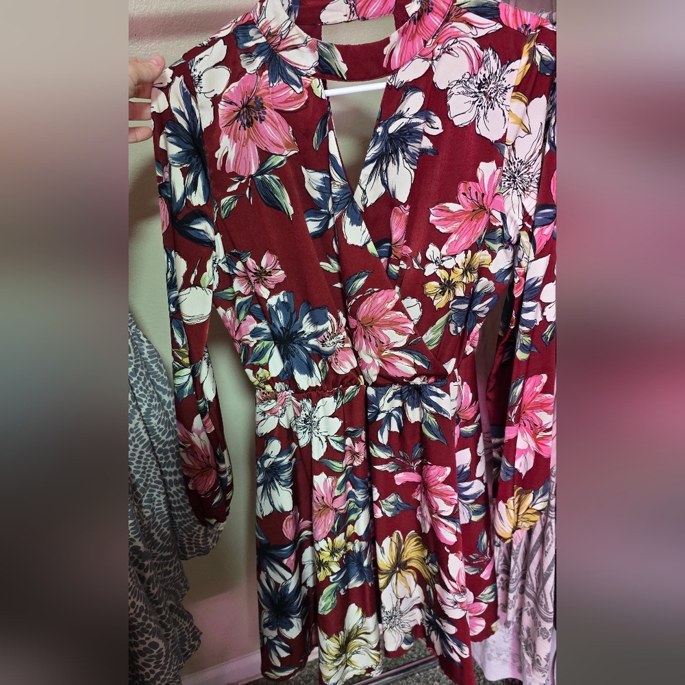 Peach Love California Burgundy Floral Long Sleeve Dress
